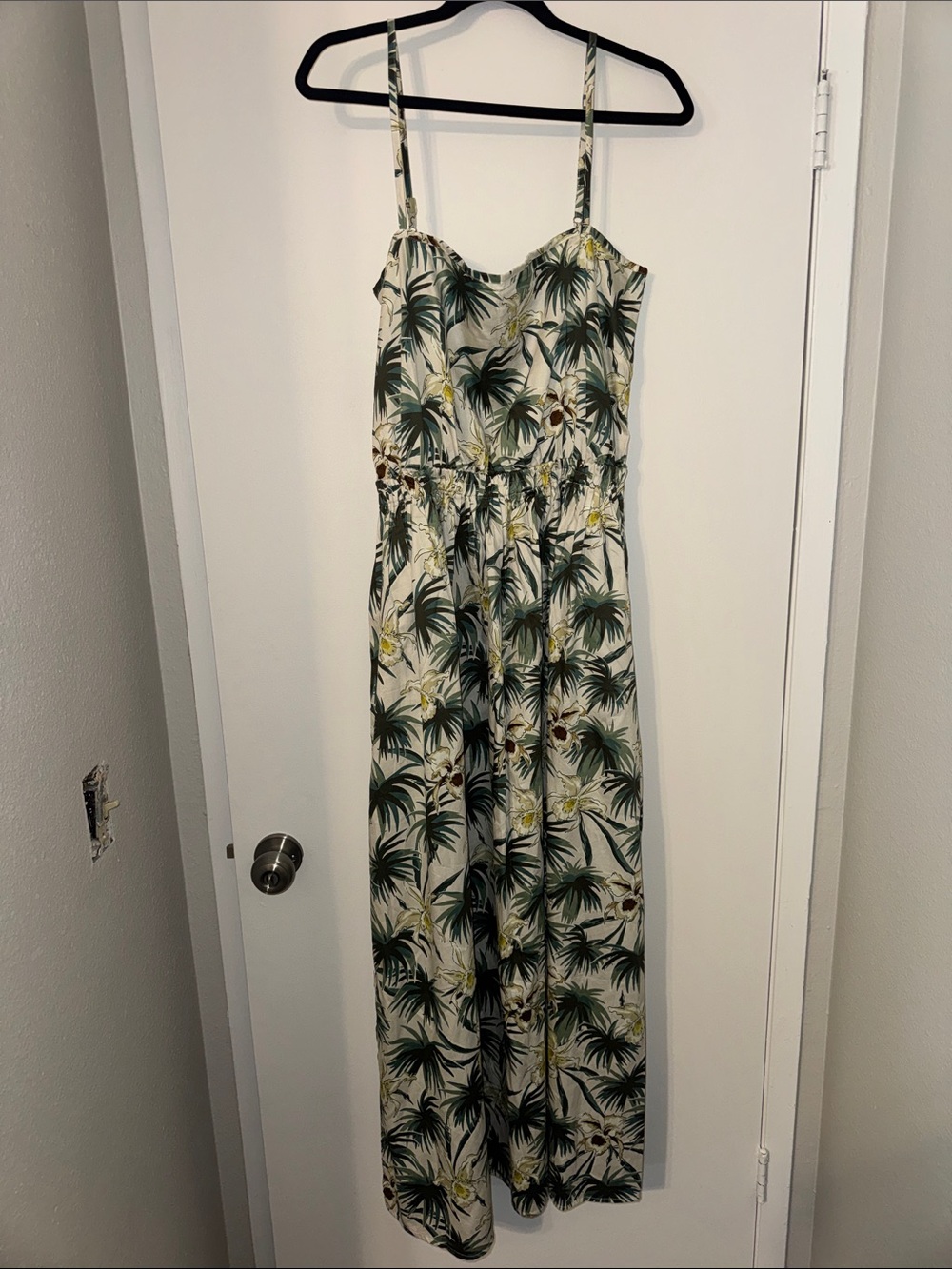 Mikoh White Maxi Dress with Green Palm Print and Yellow Accents